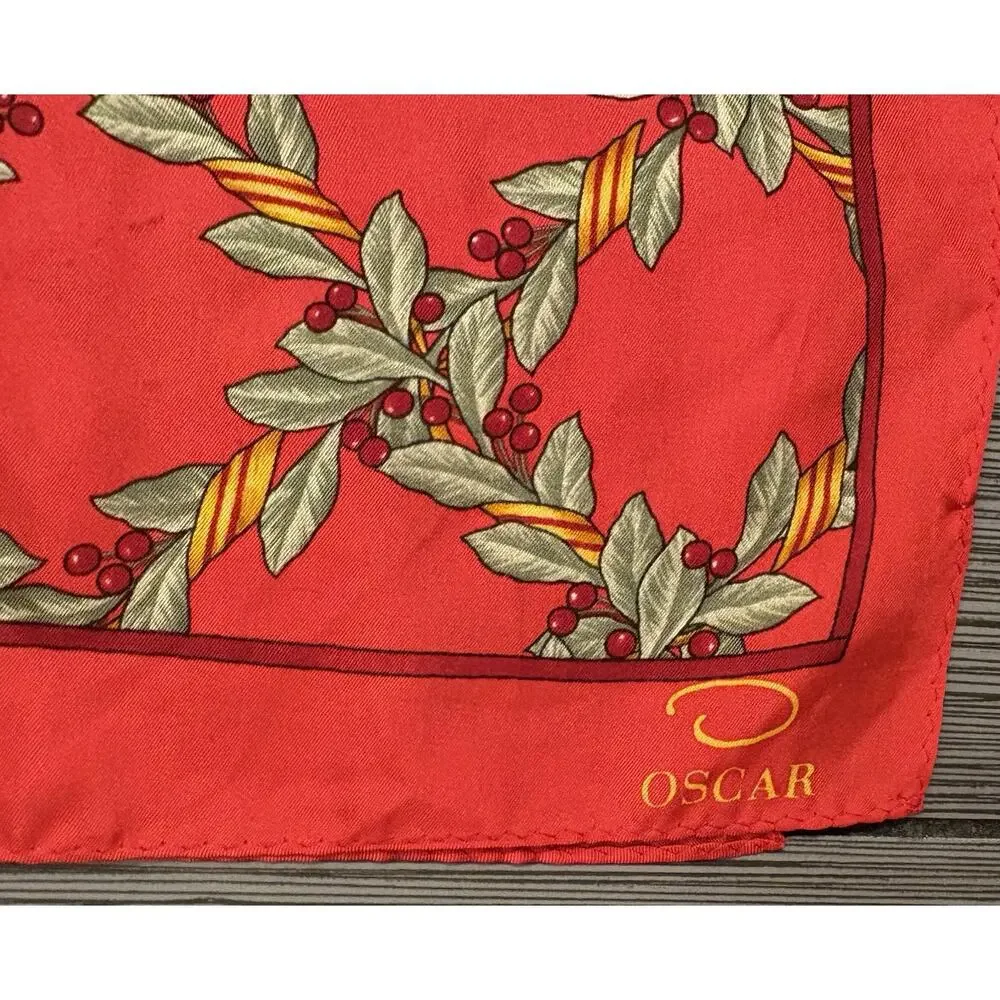Vintage Oscar de la Renta Silk Scarf Red Holly Berry Holiday Print 54x11 Luxury